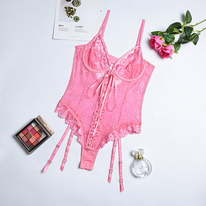 Sexy Bodysuits Corset Lace Embroidery Mesh Underwear Perspective Bra Erotic Costumes Ribbon Sensual Lingerie Garters Jumpsuit