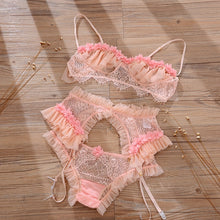 Load image into Gallery viewer, Sexy Bra and Thongs Pajamas Lingerie Set with Garter Women Lace Ruffles Transparent Temptation Applique Intimates Underwear