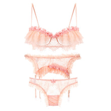 Load image into Gallery viewer, Sexy Bra and Thongs Pajamas Lingerie Set with Garter Women Lace Ruffles Transparent Temptation Applique Intimates Underwear