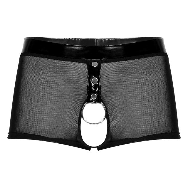 Sexy Breathable Thin Boxer Black Men Mesh Transparent See Through O Ring Crotchless Men's Underwear Lingerie Gay Wear Panties