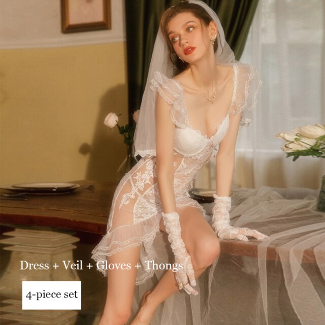 Sexy Bride Women's Wedding Dress Uniform Cosplay Sexy Lingerie Set Hot Erotic Transparent Lace Apparel For Sex Underwear Outfit