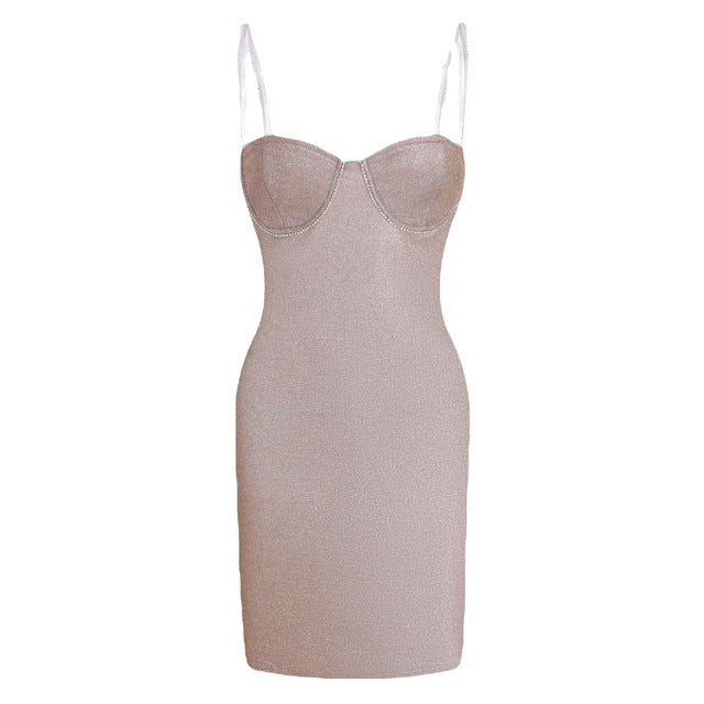 Sexy Bright Silk Diamond Mini Women New Elegant Princess Dress Low-Neck Sleeveless Backless Night Club Party Bodycon Dress