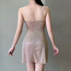 Sexy Bright Silk Diamond Mini Women New Elegant Princess Dress Low-Neck Sleeveless Backless Night Club Party Bodycon Dress