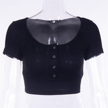 Load image into Gallery viewer, Sexy Button Women Top O-neck Solid Short Sleeve Cotton Women Crop Top T-shirt Summer Casual Female Minus Size Lady Top