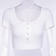 Load image into Gallery viewer, Sexy Button Women Top O-neck Solid Short Sleeve Cotton Women Crop Top T-shirt Summer Casual Female Minus Size Lady Top