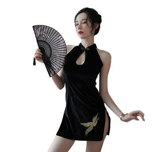 Sexy Cheongsam Ladies Gowns Black Embroidery Lingerie Sleep Wear Nightgown Womens Clothing Lingerie Dress Hot Erotic Nighty