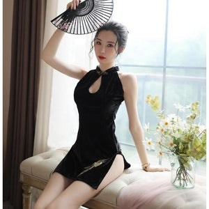 Sexy Cheongsam Ladies Gowns Black Embroidery Lingerie Sleep Wear Nightgown Womens Clothing Lingerie Dress Hot Erotic Nighty