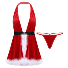 Load image into Gallery viewer, Sexy Christmas Lingerie Costumes Womens Velvet Christmas Halter Deep V Neck Backless Plunge Babydoll Split Dress with G-string