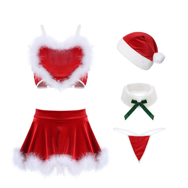 Sexy Christmas Lingerie Set Hat Thong and Skirt Women Velvet Sling Top Underwear Sex Cloths Club Wear happy New Year Costumes