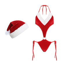 Load image into Gallery viewer, Sexy Christmas Red Velvet Women Underwear Femme Lingerie Porno BodySuits Hot DEEP V Bandage With Hat Set Exotic cosplay Clothes