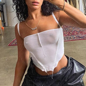 Sexy Club Wear Cotton See Through Crop Top For Womens Camisole Fashionable Chic Rib Knit Basic Tank Top Home Wear Female