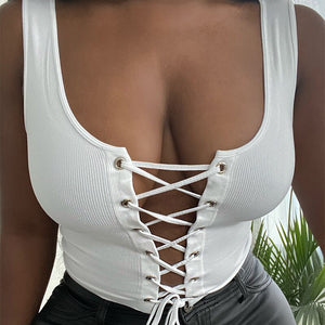 Sexy Corset Cropped Tanks Top Ribbed Women Vest Casual Hollow Out Lace Up Crop Top Bodycon Party Backless Tube Tops Camisole