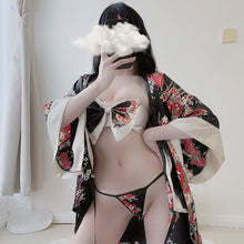 Load image into Gallery viewer, Sexy Cosplay Uniform Japanese Kimono Lingerie Erotic Costumes for Women Robe Cardigan Role Play Net Yarn Black 3Pcs Lingerie Set