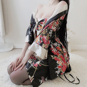 Sexy Cosplay Uniform Japanese Kimono Lingerie Erotic Costumes for Women Robe Cardigan Role Play Net Yarn Black 3Pcs Lingerie Set