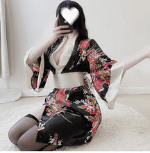 Load image into Gallery viewer, Sexy Cosplay Uniform Japanese Kimono Lingerie Erotic Costumes for Women Robe Cardigan Role Play Net Yarn Black 3Pcs Lingerie Set