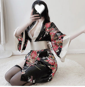 Sexy Cosplay Uniform Japanese Kimono Lingerie Erotic Costumes for Women Robe Cardigan Role Play Net Yarn Black 3Pcs Lingerie Set