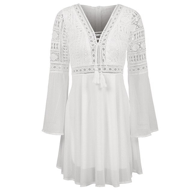 Sexy Crochet Lace V-Neck Mini Dress 2021 Summer Flare Sleeve Chiffon Beach Sundress Elegant Women Dress Party Sexi