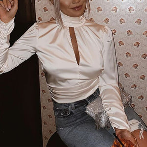 Sexy Crop Top Backless Solid Shirts Women Lace Up Turtleneck Long Sleeve Women's Blouse 2021 Spring Streetwear Satin Shirts