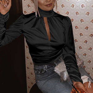 Sexy Crop Top Backless Solid Shirts Women Lace Up Turtleneck Long Sleeve Women's Blouse 2021 Spring Streetwear Satin Shirts