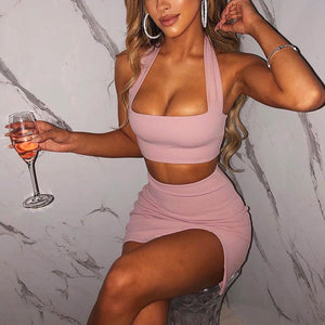 Sexy Crop Top Bodycon Mini Skirts Sets Women Sleeveless Halterneck 2 Two Piece Set Short Skirt Suits Outfits Party Dress Sets
