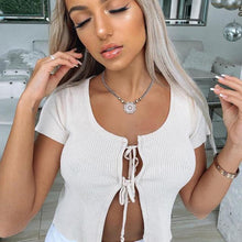 Load image into Gallery viewer, Sexy Cropped Top Lace up Short Sleeve Hollow out Front Split Hem O-Neck Slim Women Fashion Summer New Sexy Streetwear