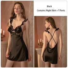 Load image into Gallery viewer, Sexy Deep V Hollow Silk Sling Cross Trim Sleepwear Women Ruffled Lace Sexy Pajamas Satin Solid Color Soft Comfortable Homewear