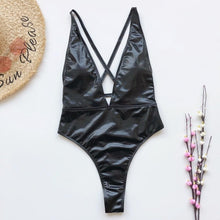 Load image into Gallery viewer, Sexy Deep V Pu Faux Leather High Leg Cut Monokini Women Swimwear One Piece Swimsuit Female Bather Bathing Suit Swim Lady