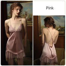 Load image into Gallery viewer, Sexy Deep V Simulated Silk Patchwork Mesh Skirt Hem Halter Nightgown Ropa Interior Femenina Sexy Erotica Slutty Sexy Skirt