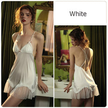 Load image into Gallery viewer, Sexy Deep V Simulated Silk Patchwork Mesh Skirt Hem Halter Nightgown Ropa Interior Femenina Sexy Erotica Slutty Sexy Skirt