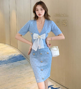 Sexy Deep V-neck Hollow out Knitted Dresses 2021 Summer Women Sweet Bowknot Dimond Beaded Short Sleeve Bodycon Sweater Dress