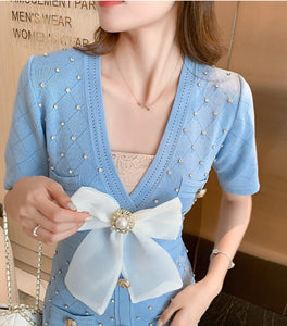 Sexy Deep V-neck Hollow out Knitted Dresses 2021 Summer Women Sweet Bowknot Dimond Beaded Short Sleeve Bodycon Sweater Dress