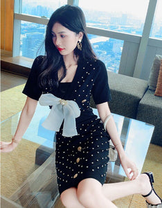 Sexy Deep V-neck Hollow out Knitted Dresses 2021 Summer Women Sweet Bowknot Dimond Beaded Short Sleeve Bodycon Sweater Dress