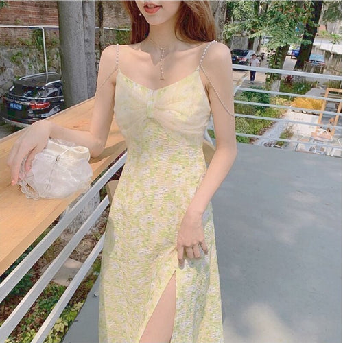 Sexy Elegant Floral Strap Dress Women Yellow Print Evening Party Midi Dresses Ladies Vacation Beach Boho Split Dress Summer 2021