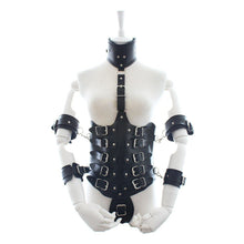 Load image into Gallery viewer, Sexy Female Lock Down Leather Waist Cincher Underbust Corset with Attached Collar  and Arm Restraints  Bondage Fetish Costume