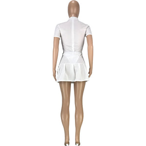 Sexy Fitness Two Piece Dress Sets Women Outfits Short Sleeve One Piece Basic Bodysuits+high Waist Pleated Mini Skirt Tracksuit