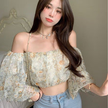 Load image into Gallery viewer, Sexy Floral Blouse Tops Women French Vintage Designer Sweet Slim Strap Blouse Casual Puff Sleeve Outdoor Blouse 2021 Summer