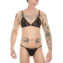 Load image into Gallery viewer, Sexy Gay Men Lace Lingerie Exotic Sets Sissy Nightwear Bikini Set Lace Adjustable Spaghetti Strap Bra Tops with Briefs Clubwear