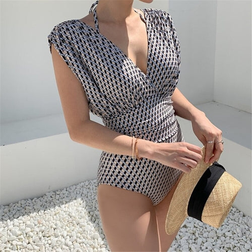 Sexy High Cut One Piece Swimsuit Women Plaid Print Swimwear V Neck Monokini Vintage Swim Suit Open Back Trikini Pad Bathing Suit