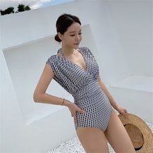 Load image into Gallery viewer, Sexy High Cut One Piece Swimsuit Women Plaid Print Swimwear V Neck Monokini Vintage Swim Suit Open Back Trikini Pad Bathing Suit