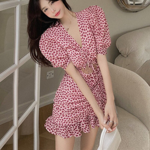 Sexy Hollow Out Floral Printed Dress Women Drawstring Lace Up High Waist Sweat Robe  Casual Vintage Vestidos Mujer 2021 Sundress