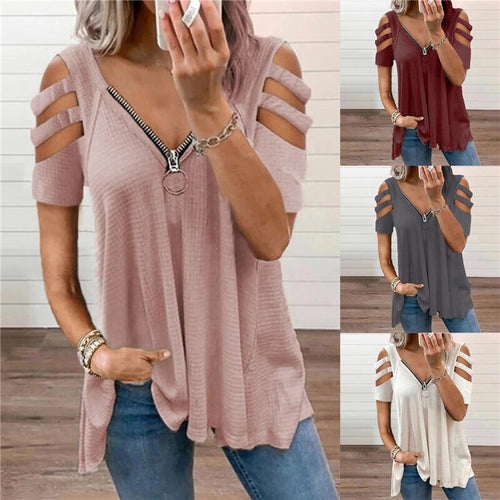 Sexy Hollow Out Lady Fashion Tops Women Casual Clothes Pullover Shorts Sleeve Blouse V-neck Female Loose Zipper Plus Size Tee