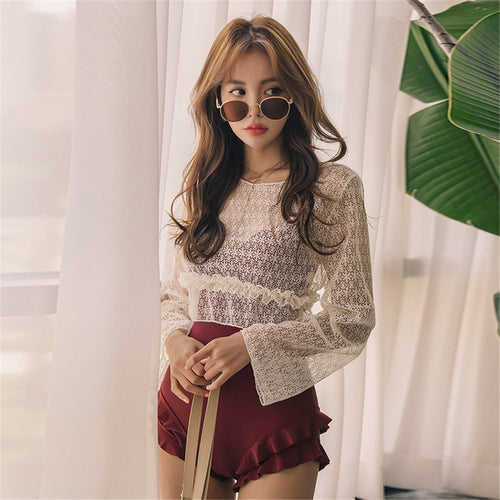 Sexy Lace Cover Up One Piece Swimsuit Women Solid Swimwear Ruffle Monokini Push Up Swim Suit Long Sleeve Trikini Bathing Suit