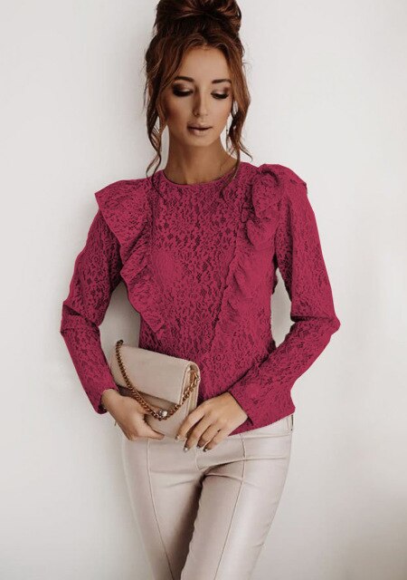 Sexy Lace Hollow Out Vintage Shirt Blouse Spring Fall Fashion Long Sleeve O-neck Top Femme White Ruffles Backless Shirts Women