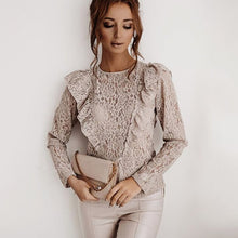 Load image into Gallery viewer, Sexy Lace Hollow Out Vintage Shirt Blouse Spring Fall Fashion Long Sleeve O-neck Top Femme White Ruffles Backless Shirts Women