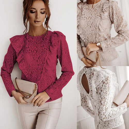 Sexy Lace Hollow Out Vintage Shirt Blouse Spring Fall Fashion Long Sleeve O-neck Top Femme White Ruffles Backless Shirts Women