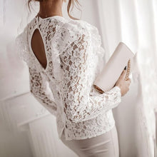 Load image into Gallery viewer, Sexy Lace Hollow Out Vintage Shirt Blouse Spring Fall Fashion Long Sleeve O-neck Top Femme White Ruffles Backless Shirts Women
