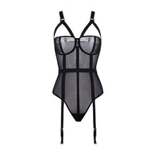 Load image into Gallery viewer, Sexy Lace Mesh Bodysuit Deep V Neck Crotchless Strappy Bandage Jumpsuit Suspenders Plastic Bustier Corset Women Garter