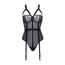 Load image into Gallery viewer, Sexy Lace Mesh Bodysuit Deep V Neck Crotchless Strappy Bandage Jumpsuit Suspenders Plastic Bustier Corset Women Garter