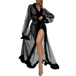 Sexy Lace Mesh Sheer Long Robe Dress Lingerie Sets With Belt Hot Exotic Tulle Robe Long Nightgown Babydoll Sleepwear Sex Clothes