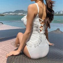 Load image into Gallery viewer, Sexy Lace One Piece Swimsuit Women Solid Swimwear Lace Up Monokini Ruffle Swim Suit Open Back Bathing Suit Push Up Bandage Pad